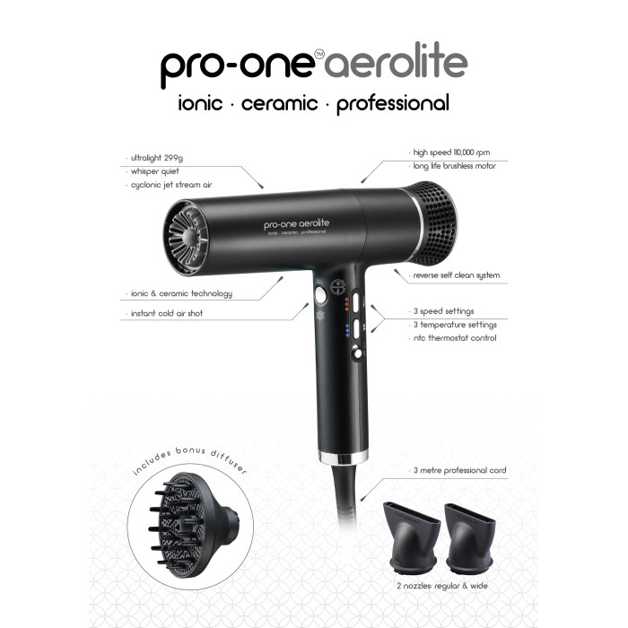 Pro-one Aerolite Hairdryer in Black