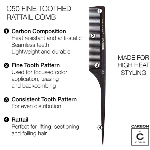 Carbon Comb C50 - Fine Toothed Raittail Comb