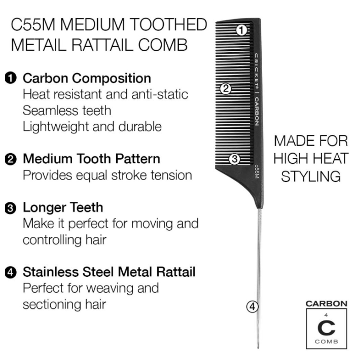 Cricket Carbon Comb C55M - Medium Toothed Metal Raittail